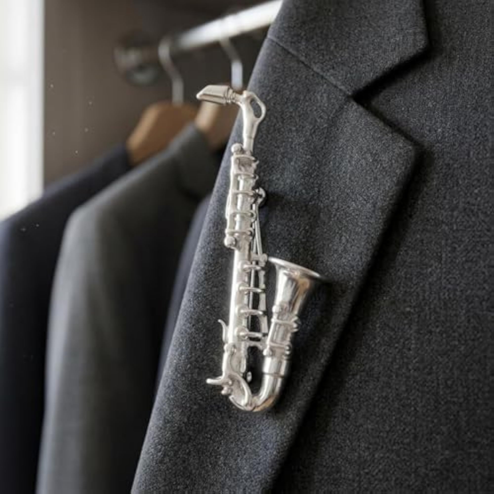 Miniature Saxophone Brooch, Polished Metal Music Clasp